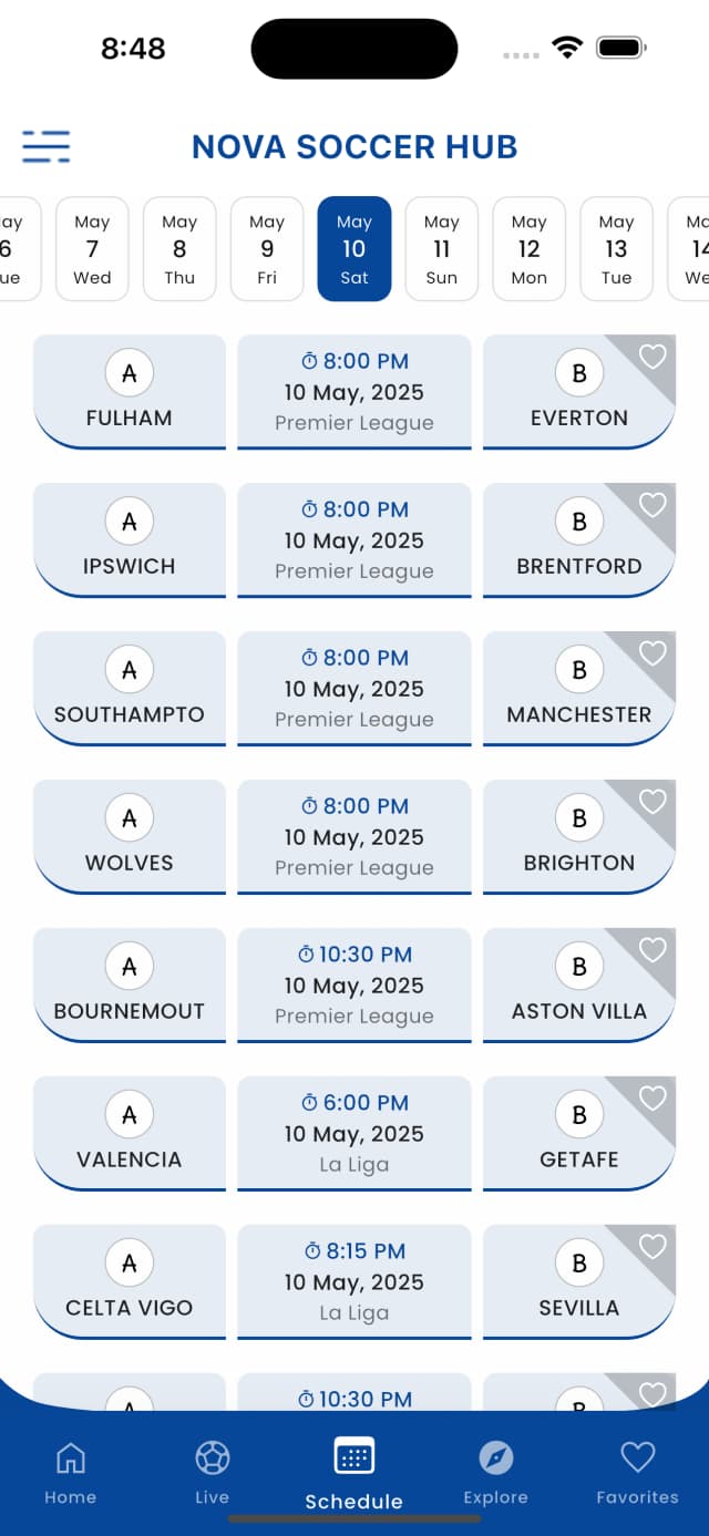 Football app main screen